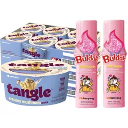 Samyang Tangle creamy mushroom pasta cups and two Buldak carbonara flavored hot sauce bottles are shown.