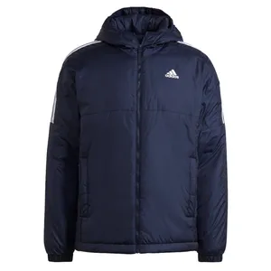 Navy blue Adidas hooded jacket with white logo on the chest and striped detailing on the sleeves.