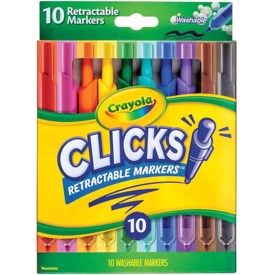 Crayola Clicks are a set of 10 retractable and washable markers, featuring a variety of colors like red, orange, yellow, green, blue, purple, brown, and black. They are nontoxic and designed for easy, mess-free use.