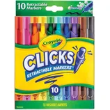 Crayola Clicks are a set of 10 retractable and washable markers, featuring a variety of colors like red, orange, yellow, green, blue, purple, brown, and black. They are nontoxic and designed for easy, mess-free use.
