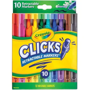 Crayola Clicks are a set of 10 retractable and washable markers, featuring a variety of colors like red, orange, yellow, green, blue, purple, brown, and black. They are nontoxic and designed for easy, mess-free use.