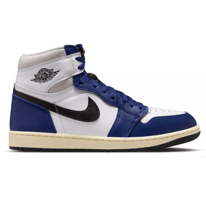 High-top sneakers featuring blue, white, and black leather with the Air Jordan logo and Nike swoosh.