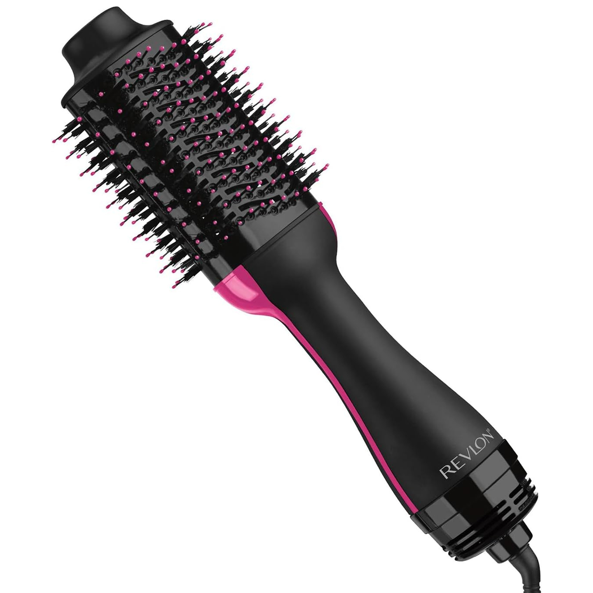 The Revlon One-Step Dryer Brush is a black and pink hair tool combining a round brush and hairdryer, designed to dry and style hair simultaneously. It features bristles with ball tips for detangling and volumizing.