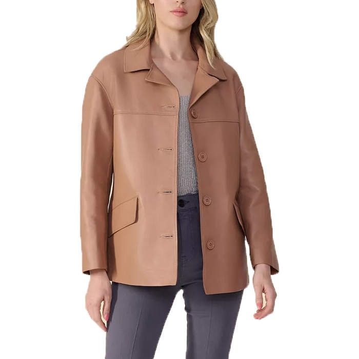 Tan leather jacket with a classic collar, button closure, and front pockets, worn over a gray blouse and dark pants.