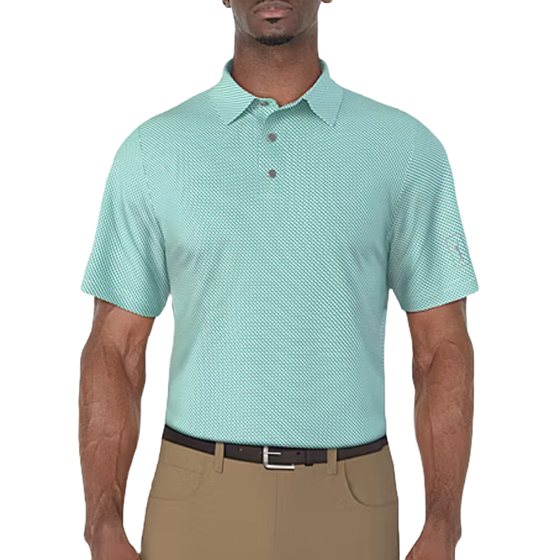 A man wears a light green short-sleeve polo shirt with a subtle pattern, paired with khaki pants and a black belt.