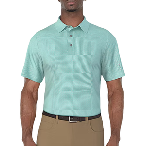 A man wears a light green short-sleeve polo shirt with a subtle pattern, paired with khaki pants and a black belt.