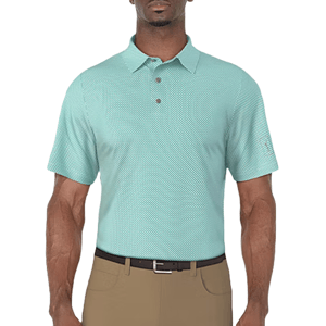 A man wears a light green short-sleeve polo shirt with a subtle pattern, paired with khaki pants and a black belt.