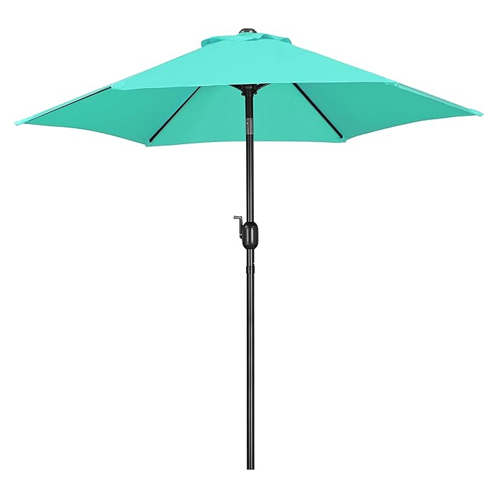 A 7.5-foot turquoise patio umbrella with a black metal pole and crank handle for easy opening and closing, featuring a classic round canopy design supported by six ribs.
