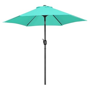 A 7.5-foot turquoise patio umbrella with a black metal pole and crank handle for easy opening and closing, featuring a classic round canopy design supported by six ribs.