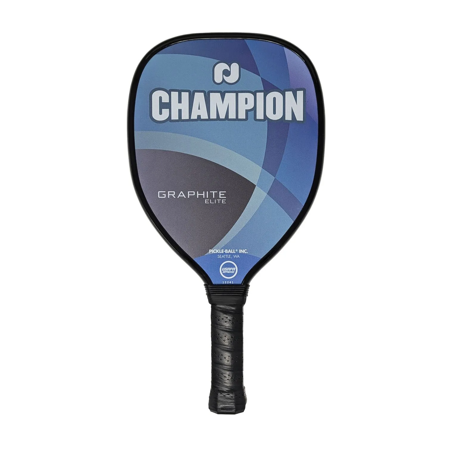 Champion Graphite Elite pickleball paddle with a blue and black design, featuring a textured grip.