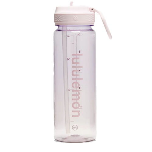 A transparent Lululemon water bottle with volume markings and a straw, featuring a white, screw-on lid with a handle.