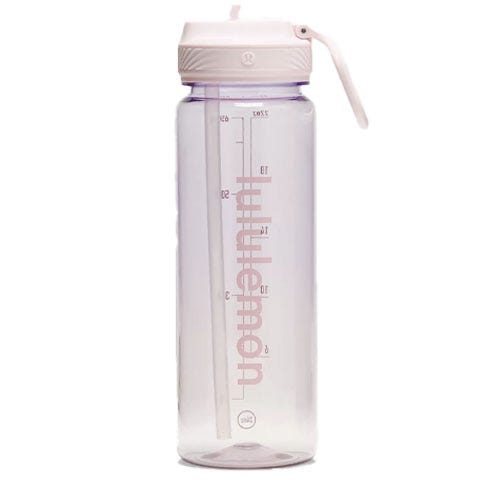 A transparent Lululemon water bottle with volume markings and a straw, featuring a white, screw-on lid with a handle.