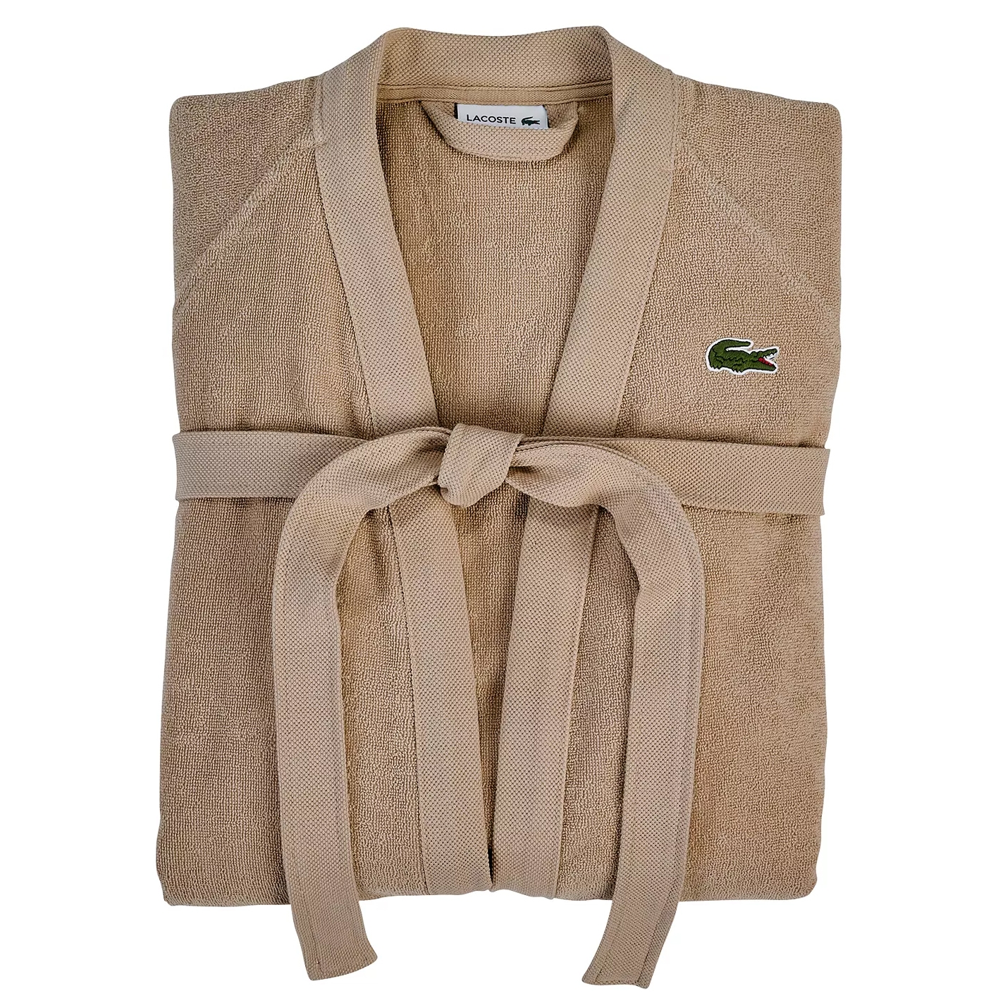 A beige Lacoste bathrobe with a belt and the brand's crocodile logo on the chest.