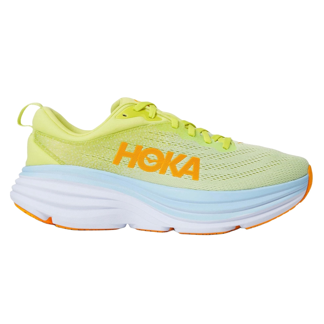 HOKA running shoe featuring a light green and orange color scheme with a thick, cushioned sole designed for comfort and performance.