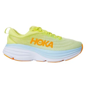 HOKA running shoe featuring a light green and orange color scheme with a thick, cushioned sole designed for comfort and performance.
