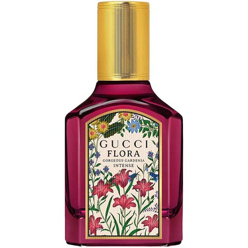 A burgundy bottle of Gucci Flora Gorgeous Gardenia Intense, featuring a gold cap and floral label design.