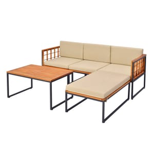 5-piece patio set with beige cushions includes an L-shaped sectional sofa and a matching coffee table. The frame is made of metal with wooden accents, featuring a modern design with slatted armrests and tabletop.