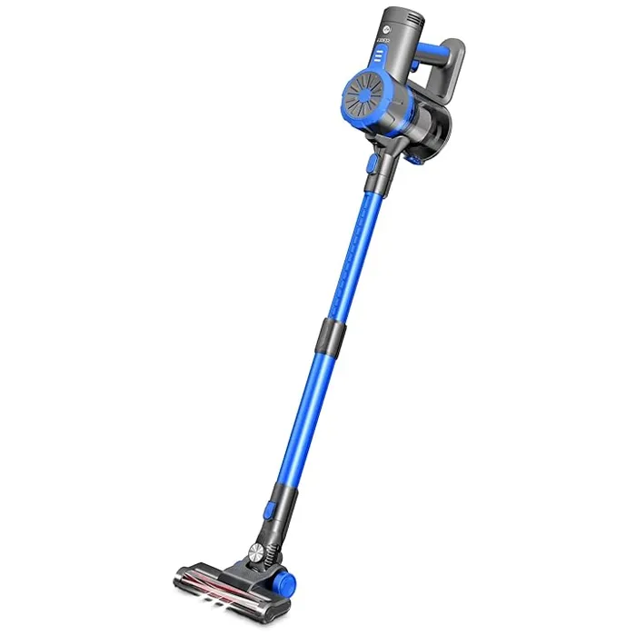 A cordless stick vacuum with a sleek design features a blue and black color scheme, a long extendable handle, and a compact motor unit near the top. It has a brush roller head for efficient cleaning on different floor types.