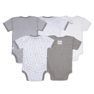 Five short-sleeve baby bodysuits in shades of gray and white; designs include stripes, text, solid colors, and small triangle patterns.
