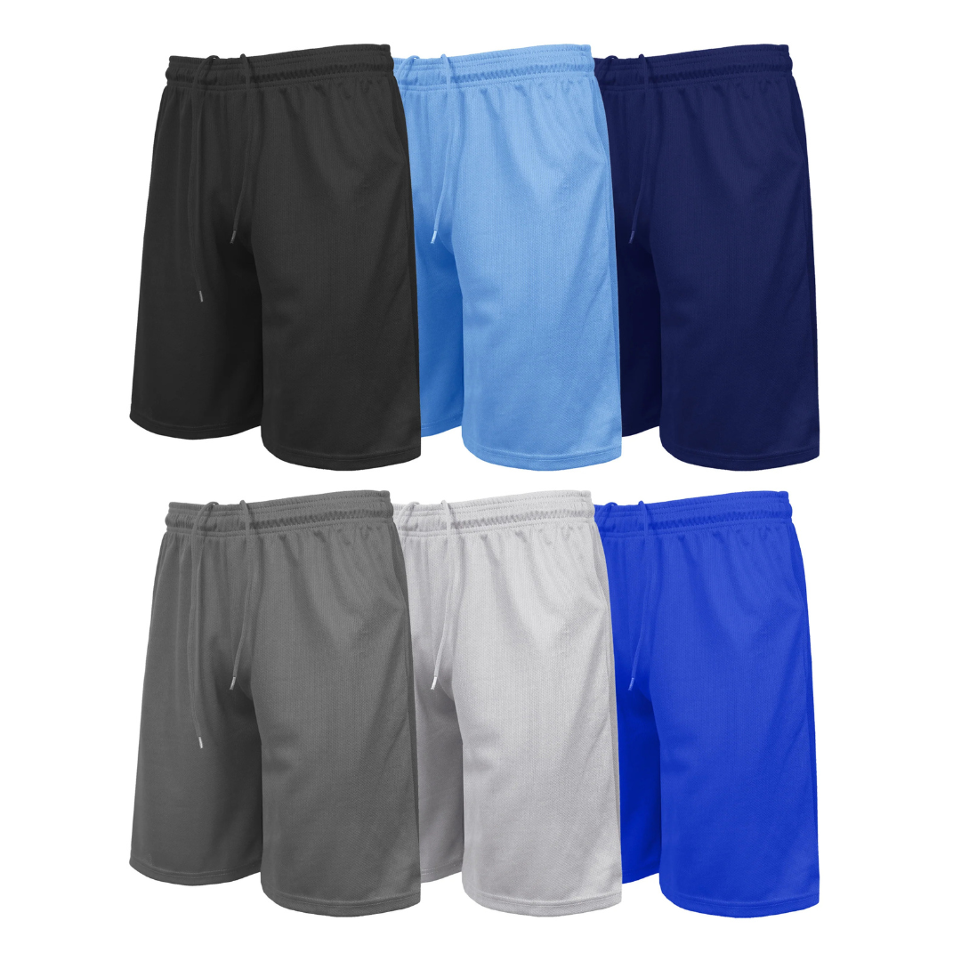 Seven pairs of athletic shorts are displayed in black, light blue, navy blue, gray, white, and royal blue, each with an elastic waistband and drawstring.