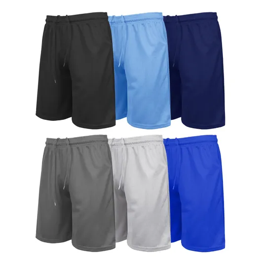 Seven pairs of athletic shorts are displayed in black, light blue, navy blue, gray, white, and royal blue, each with an elastic waistband and drawstring.