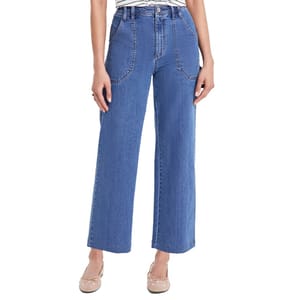 Wide-leg blue jeans with front pockets, worn with nude flats.