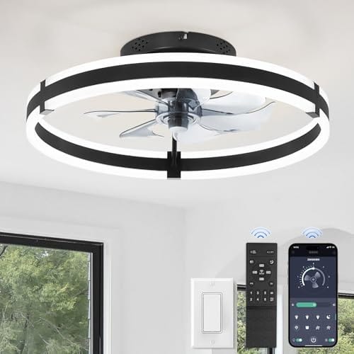 Ceiling fan with integrated LED light, featuring a modern circular design; includes a remote control and is compatible with a smartphone app for adjustments.