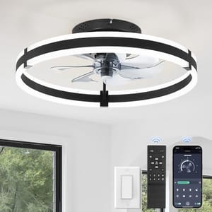 Ceiling fan with integrated LED light, featuring a modern circular design; includes a remote control and is compatible with a smartphone app for adjustments.