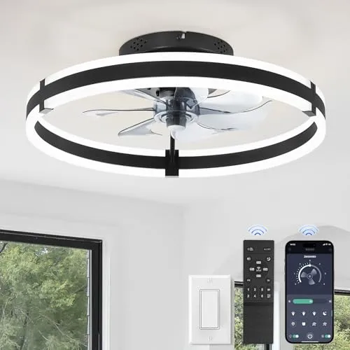 Ceiling fan with integrated LED light, featuring a modern circular design; includes a remote control and is compatible with a smartphone app for adjustments.