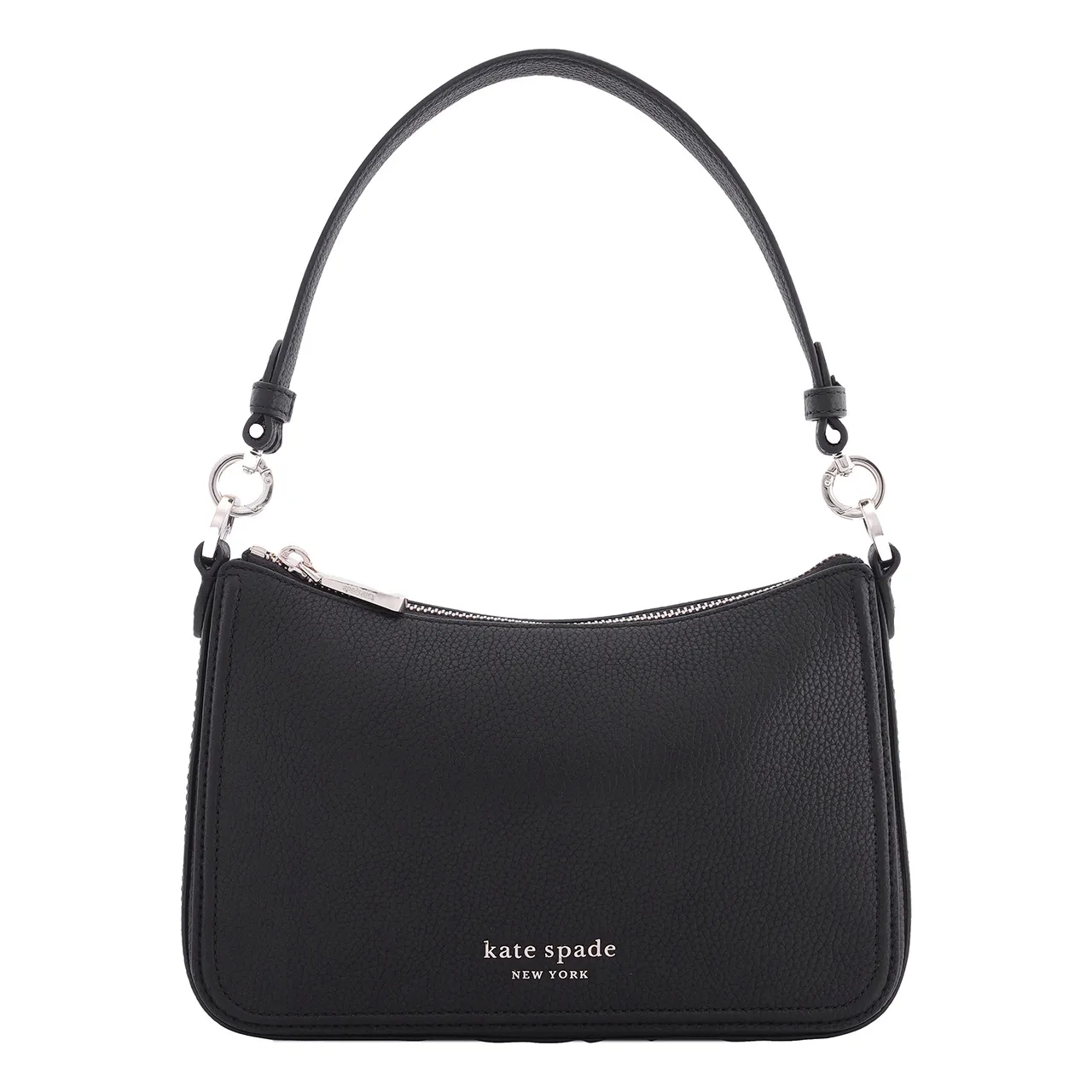 A black Kate Spade crossbody with a zippered top, a single handle, and the brand's logo in silver lettering on the front.