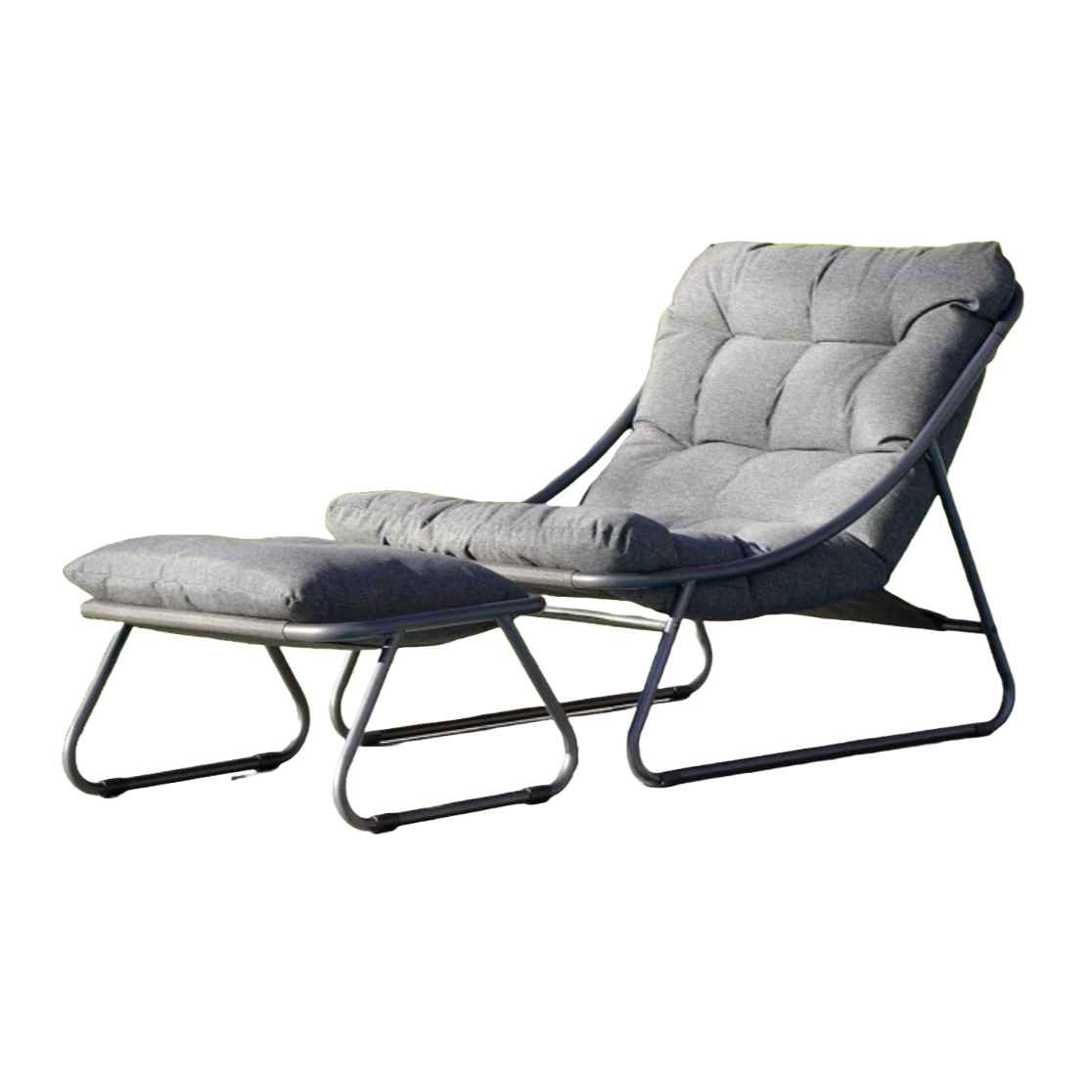 A padded lounger with footrest, upholstered in gray fabric with a metal frame.