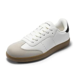 White and beige women's sneaker with a gum sole, featuring lace-up closure and black detailing on the heel.