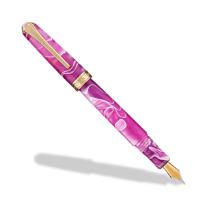 A pink and white swirled fountain pen with a gold nib and clip is shown.