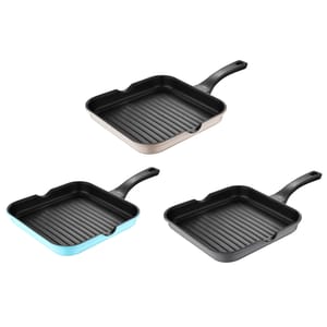 Three square grill pans with ridged cooking surfaces and single handles, in black, black with a blue accent, and black with a copper-toned accent.