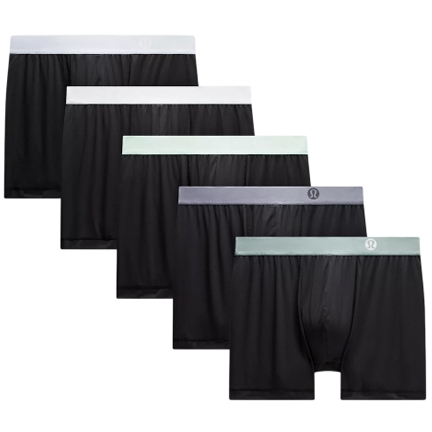Five pairs of black boxer briefs with varying waistband colors, including white, light green, and grey, featuring a small logo on the waistband.