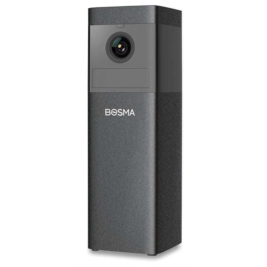 The Bosma X1 is a sleek, black 1080p HD security camera with a cylindrical design, featuring a wide-angle lens for surveillance.
