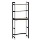 Over-the-toilet storage rack with a black metal frame and three light wood shelves for bathroom organization.