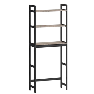 Over-the-toilet storage rack with a black metal frame and three light wood shelves for bathroom organization.