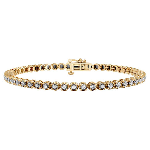 A gold tennis bracelet adorned with round-cut diamonds, featuring a secure clasp closure.