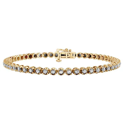 A gold tennis bracelet adorned with round-cut diamonds, featuring a secure clasp closure.