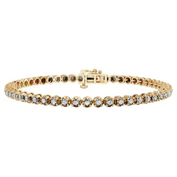 A gold tennis bracelet adorned with round-cut diamonds, featuring a secure clasp closure.