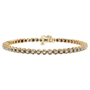 A gold tennis bracelet adorned with round-cut diamonds, featuring a secure clasp closure.