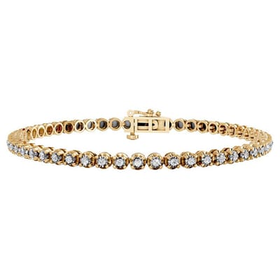 A gold tennis bracelet adorned with round-cut diamonds, featuring a secure clasp closure.