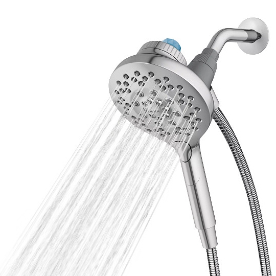 Handheld shower head with a flexible hose, featuring multiple nozzles for varied water flow.
