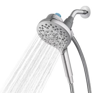 Handheld shower head with a flexible hose, featuring multiple nozzles for varied water flow.