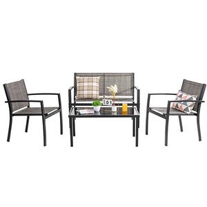 A 4-piece patio conversation set includes a loveseat, two armchairs, and a glass-top coffee table, featuring a sleek metal frame with mesh seating and backrests, accompanied by decorative cushions.