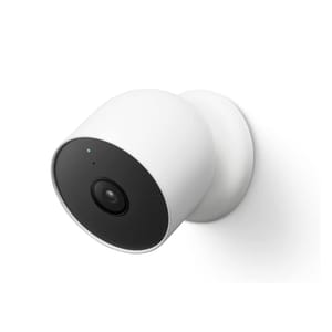 A white outdoor security camera with a black circular front, featuring a single lens and a small indicator light.