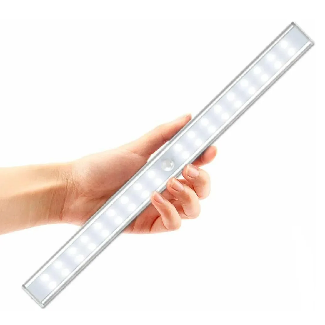 A hand holding a slim, linear LED light bar with multiple small bulbs.