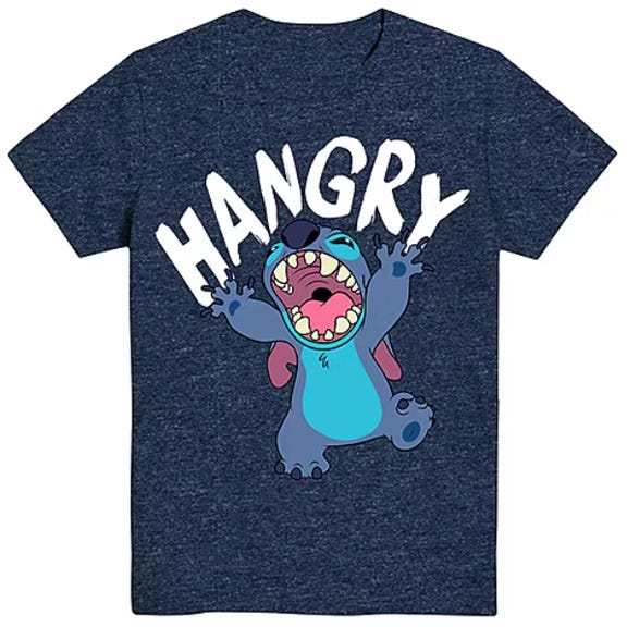 A navy blue T-shirt featuring a cartoon character from \“Lilo & Stitch\“ with an open mouth, arms raised, accompanied by the text \“HANGRY\“ in bold white letters above.