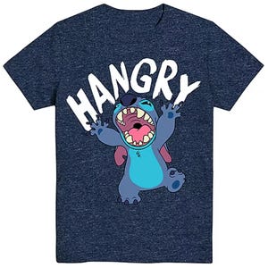 A navy blue T-shirt featuring a cartoon character from \“Lilo & Stitch\“ with an open mouth, arms raised, accompanied by the text \“HANGRY\“ in bold white letters above.